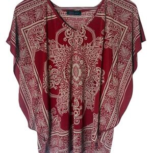 Agenda Boho Red Paisley Batwing Blouse Flowy Festival Top